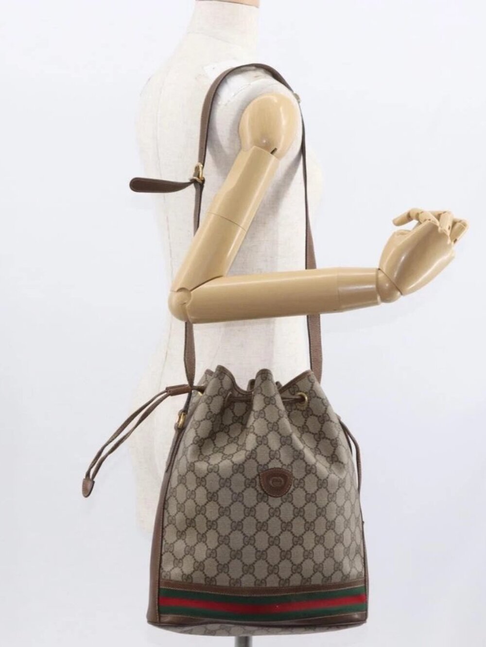 GUCCI GG Supreme Web Sherry Line Bag PVC Beige Gold 001 41 0850 Auth 156839